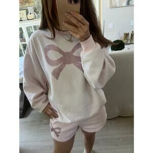 Yvette Mandell LoveShackFancy Pink Rhinestone Bow Oversized‎ Sweatshirt Medium